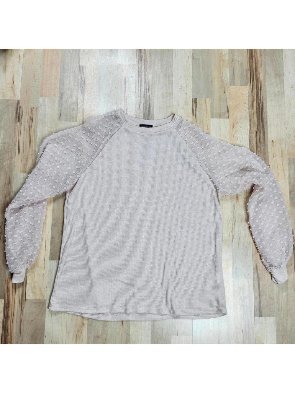 Miholl Women's Beige Long Sleeve Top with Textured Sheer Sleeves
